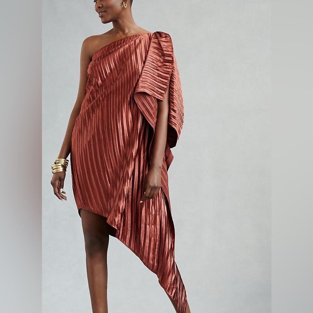 Anthropologie Guapa Pleated Satin One-Shoulder Mini Dress Bronze Size 6 New - Picture 3 of 13